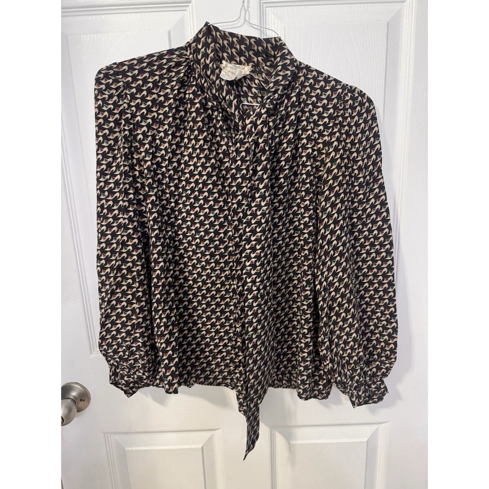 Francesca Damon Vintage 100% Silk Blouse Size 8 High Heel Print Tie Neck